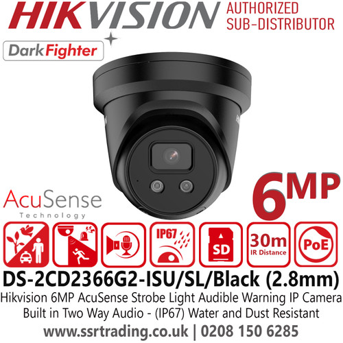 Hikvision 6MP AcuSense Strobe Light and Audible Warning IP Black Turret Camera With 2.8mm Fixed Lens - DS-2CD2366G2-ISU/SL(2.8mm)