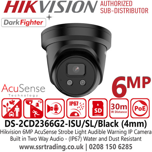 Hikvision 6MP DarkFighter AcuSense Strobe Light and Audible Warning IP PoE Black Turret Camera With 4mm Fixed Lens, Built in Two Way Audio, Water and Dust Resistant (IP67), H.265+ Compression, 120 dB true WDR - DS-2CD2366G2-ISU/SL(4mm)