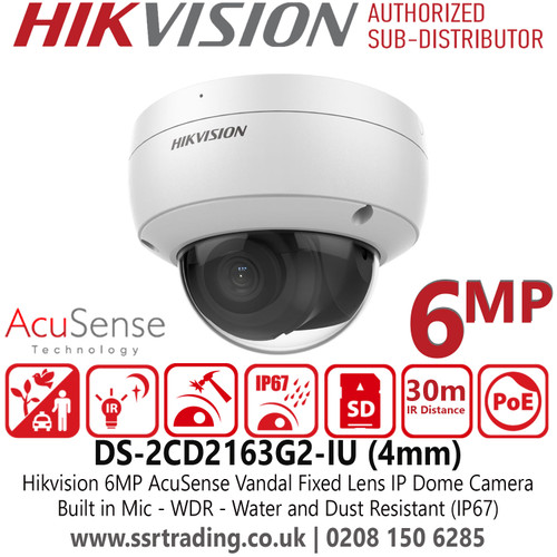 DS-2CD2163G2-IU Hikvision 6MP AcuSense Vandal IP Dome Camera With 4mm Fixed Lens, Built in Microphone