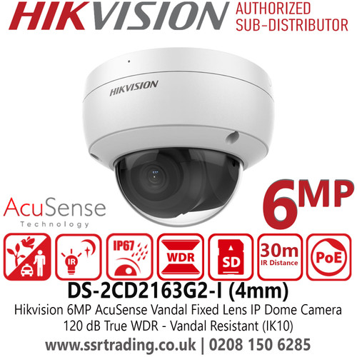 Hikvision DS-2CD2163G2-I 6MP AcuSense Vandal IP Dome Camera With 4mm Fixed Lens, 120 dB True WDR, H.265+ Compression, Water and Dust Resistant (IP67) and Vandal Resistant (IK10)