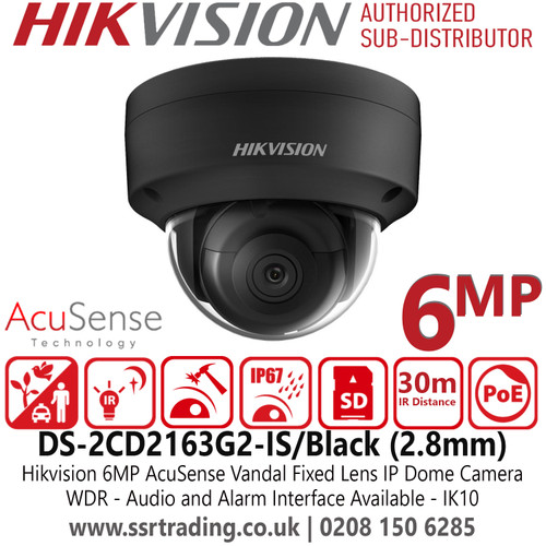 Hikvision 6MP AcuSense Vandal IP Black Dome Camera With 2.8mm Fixed Lens - DS-2CD2163G2-IS
