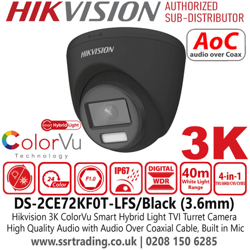 Hikvision DS-2CE72KF0T-LFS 3K ColorVu Smart Hybrid Light TVI Camera With 3.6mm Fixed Lens, Built in Mic, F1.0 Aperture