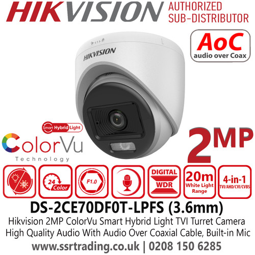 Hikvision 2MP Smart Hybrid Light ColorVu TVI Turret Camera With 3.6mm Fixed Lens - DS-2CE70DF0T-LPFS(3.6mm)