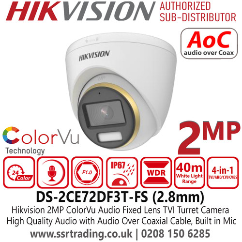 Hikvision 2MP ColorVu Audio TVI Turret Camera With 2.8mm Fixed Lens - DS-2CE72DF3T-FS(2.8mm)