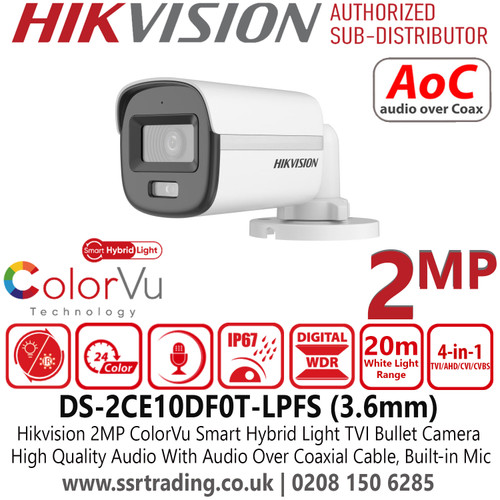 Hikvision 2MP Smart Hybrid Light ColorVu Latest TVI Camera With 3.6mm Fixed Lens, Built in Mic, 20m White Light Distance, Water and Dust Resistant (IP67), 3D DNR - DS-2CE10DF0T-LPFS(3.6mm)