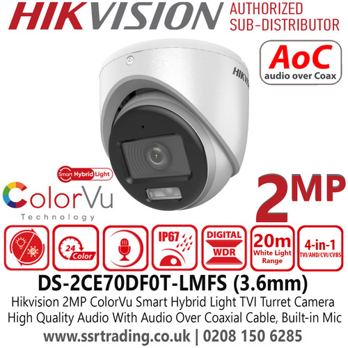 Hikvision 2MP Smart Hybrid Light ColorVu TVI Turret Camera With 3.6mm Fixed Lens, Built in Mic, 20mm White Light Distance, Water and Dust Resistant (IP67) - DS-2CE70DF0T-LMFS(3.6mm)