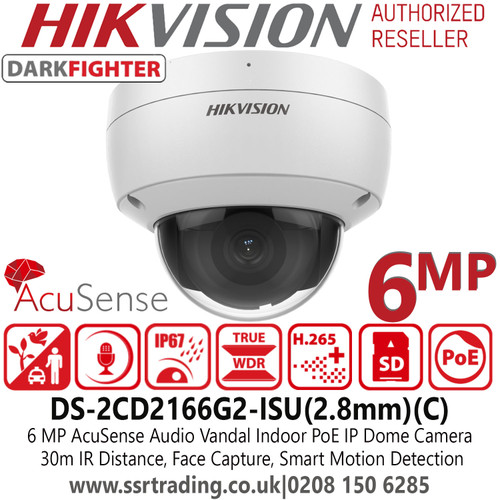 Hikvision 6MP AcuSense Darkfighter Indoor PoE IP Dome Camera With 2.8mm Fixed Lens, Built in Mic, Face Capture, Smart Motion Detection - DS-2CD2166G2-ISU (C) (2.8MM)