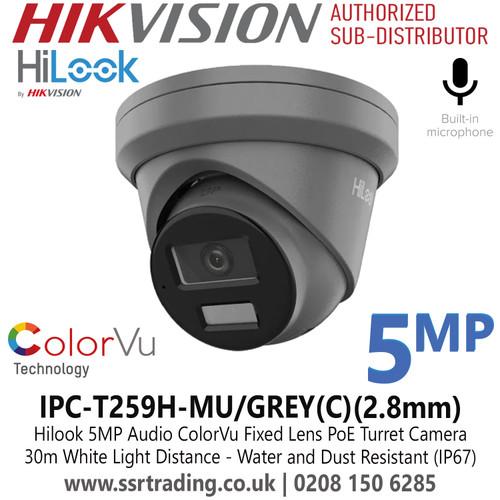 Hilook IPC-T259H-MU/GREY(C) 5MP ColorVu PoE Turret Camera With 2.8mm Fixed Lens, Built in Microphone, H.265+ Compression, Water and Dust Resistant (IP67) 