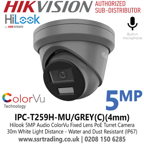 Hilook IPC-T259H-MU/GREY(C) 5MP ColorVu PoE Turret Camera With 4mm Fixed Lens, Built in Microphone, H.265+ Compression, Water and Dust Resistant (IP67)
