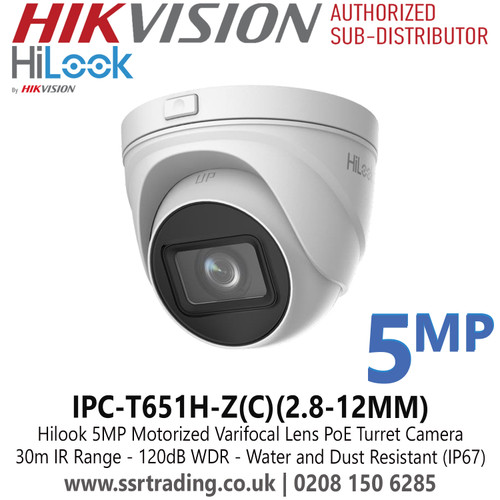 IPC-T651H-Z(C) Hilook 5MP Motorized Varifocal Turret PoE Camera With 2.8-12mm Motorized Varifocal Lens, H.265+ Compression, 120dB True WDR, Water and Dust Resistant (IP67)