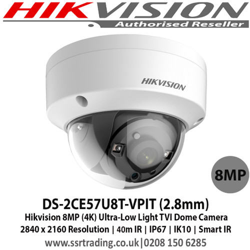Hikvision DS-2CE57U8T-VPIT 8MP (4K) 2.8mm Fixed lens 40m IR IP67 IK10 Ultra-Low Light Dome Camera 