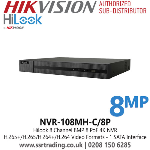 HiLook 8CH 8 PoE 4K NVR, 1 SATA Interface, H.265+/H.265/H.264+/H.264 Video Formats, 8TB Capacity for Each Disk - NVR-108MH-C/8P