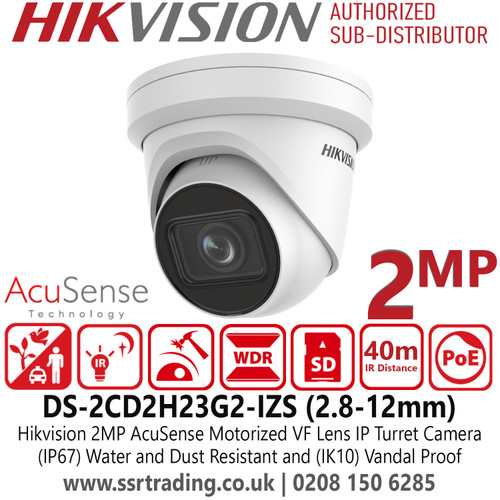 Hikvision 2MP AcuSense Latest IP Turret Camera With 2.8-12mm Motorized Varifocal Lens, 120 dB WDR, H.265+ Compression, 40m IR Distance, Water and Dust Resistant (IP67) and Vandal Resistant (IK10) - DS-2CD2H23G2-IZS(2.8-12mm)