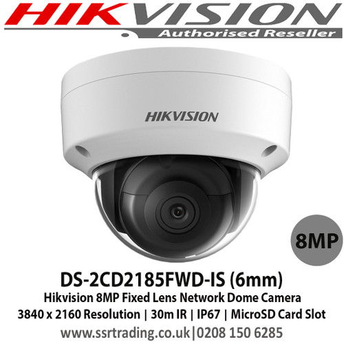 Hikvision DS-2CD2185FWD-I 8MP 6mm Fixed Lens 30m IR PoE IP Network WDR Dome Camera H.265+ Compression 
