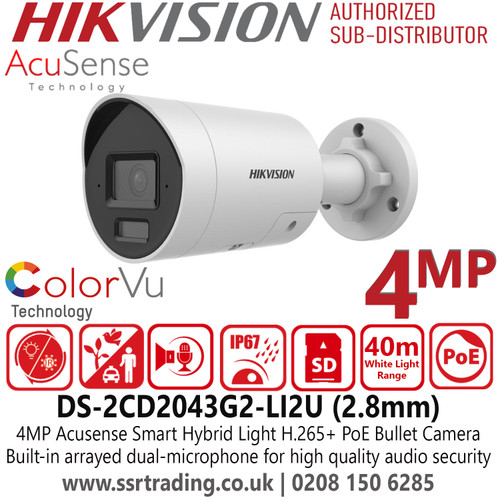 Hikvision 4MP Acusense Smart Hybrid Light Fixed Lens Bullet IP Camera with 2.8mm Fixed Lens, 40m White Light Range, IP67 Water and Dust Resistant - DS-2CD2043G2-LI2U (2.8mm)