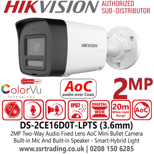 Hikvision 2MP - Two Way Audio - AoC - Mini Bullet Camera with, 20m White Light Range, 25m IR Range, IP67 Water and Dust Resistant - DS-2CE16D0T-LPTS (3.6mm)