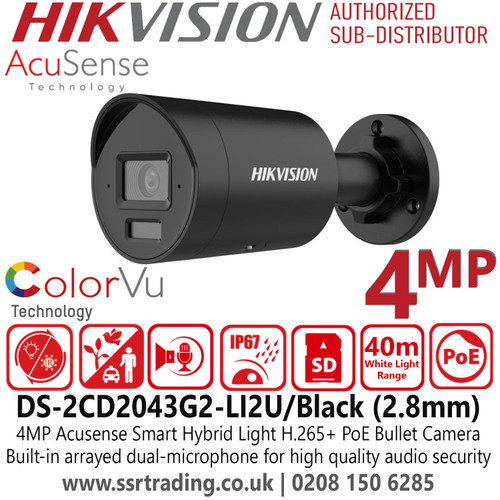 Hikvision 4MP Acusense Smart Hybrid Light Black Bullet IP PoE Camera - 2U: Built-in Aarrayed Dual-microphone For Real-time High Quality Audio Security - DS-2CD2043G2-LI2U/Black (2.8mm)