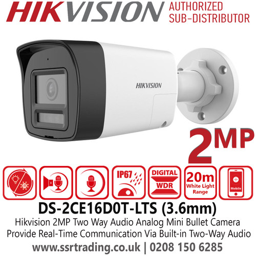 DS-2CE16D0T-LTS (3.6mm) Hikvision 2MP Two-Way Audio Fixed Lens Analog Mini Bullet Camera with 3.6mm Lens, 20m White Light Range, 30m IR Range, IP67 Water and Dust Resistant 