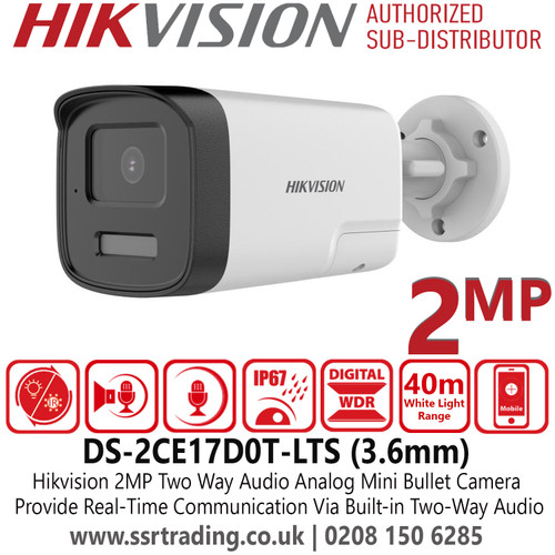 Hikvision 2MP Two-Way Audio Fixed Lens Analog Mini Bullet Camera - DS-2CE17D0T-LTS (3.6mm)