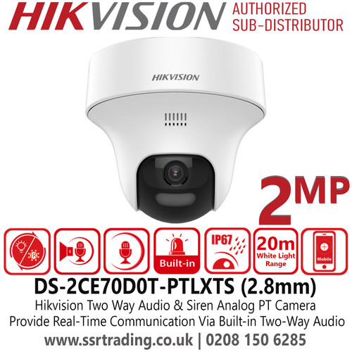 Hikvision DS-2CE70D0T-PTLXTS 2MP Two Way Audio & Siren Fixed PT Camera wtih 2.8mm Fixed Lens - Active Strobe Light and Audio Alarm