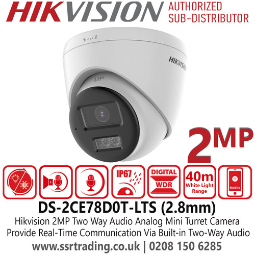 Hikvision 2MP Two Way Audio Analog Turret Camera with 2.8mm Fixed Lens - 40m White Light Range - IP67 Water and Dust Resistant - DS-2CE78D0T-LTS (2.8mm)