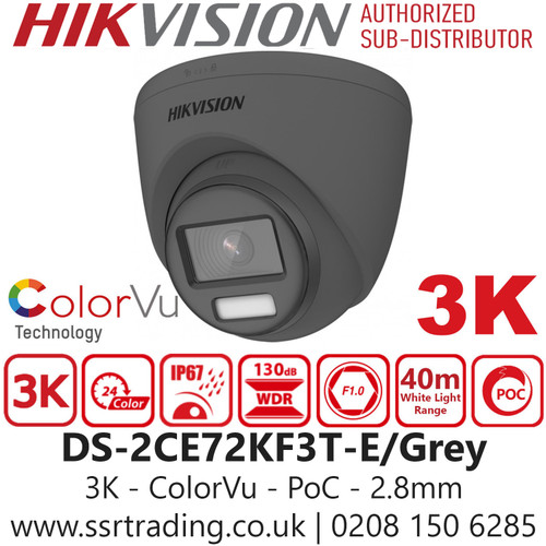 Hikvision 3K ColorVu PoC Analog Turret Camera in Grey - (DS-2CE72KF3T-E) (2.8MM)/GREY