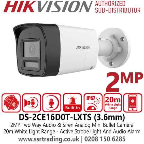 Hikvision 2MP 1080P Two Way Audio & Siren TVI Mini Bullet Camera - High Quality Audio With Audio Over Coaxial Cable, Built-in mic, and Built-in speaker - DS-2CE16D0T-LXTS (3.6mm)