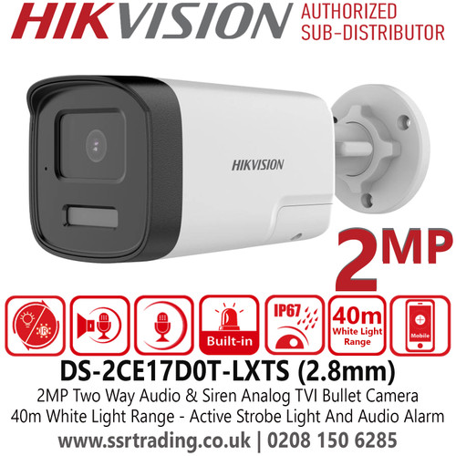 DS-2CE17D0T-LXTS (2.8mm) Hikvision 2MP Two-Way Audio & Siren TVI Bullet Camera - Water and Dust Resistant (IP67) - Active Strobe Light and Audio Alarm - Provide Real-Time Communication Via Built-in Two-way Audio 