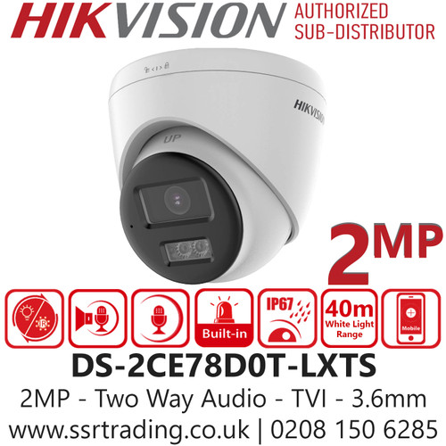 Hikvision 2MP Two Way Audio & Siren TVI Turret Camera with 3.6mm Fixed Lens, 40m White Light Range, IP67 Water and Dust Resistant, Active Strobe Light And Audio Alarm - DS-2CE78D0T-LXTS (3.6mm)