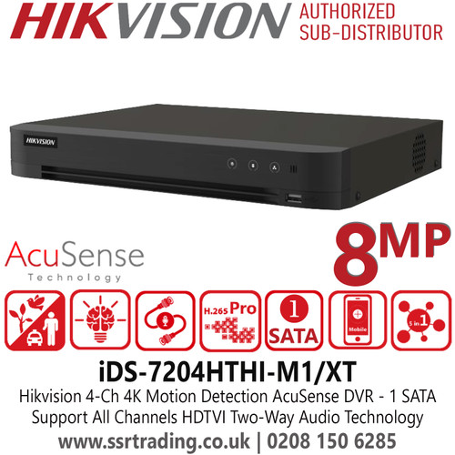 Hikvision 4Ch 4K/8MP H.265 AcuSense HDTVI/AHD/CVI/CVBS/IP DVR - Support HDTVI Two-Way Audio Technology - Support All Channels Motion Detection Technology - iDS-7204HTHI-M1/XT