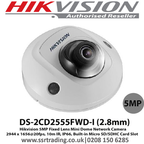 Hikvision DS-2CD2555FWD-I 5MP 2.8mm Fixed Lens 10m IR Built-in Micro SD/SDHC/SDXC slot, up to 128G Mini Dome Network Camera