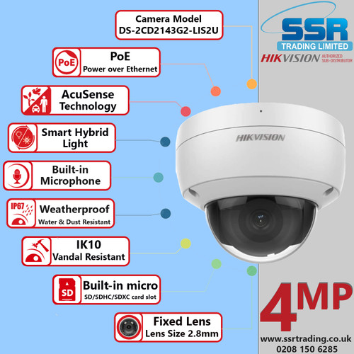 DS-2CD2143G2-LIS2U (2.8mm) Hikvision 4MP Acusense Smart Hybrid Light IP PoE Dome Camera with 2.8mm Lens - Image Sensor 1/2.9" Progressive Scan CMOS - Illumination Range Up to 30 Mtr with IR and White Light - IK10 Vandal Resistance