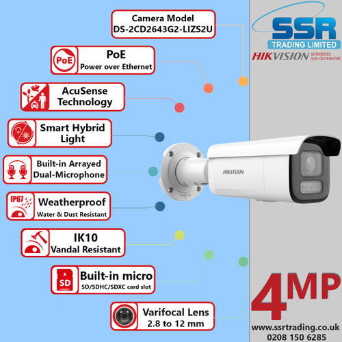 Hikvision DS-2CD2643G2-LIZS2U (2.8-12mm) 4MP Acusense Smart Hybrid Light PoE Camera - Water and Dust Resistance (IP67) and Vandal Resistance (IK10) - DS-2CD2643G2-LIZS2U (2.8-12mm)