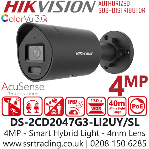 Hikvision 4MP Smart Hybrid Light with ColorVu IP Camera - DS-2CD2047G3-LI2UY/SL/Black (4mm)