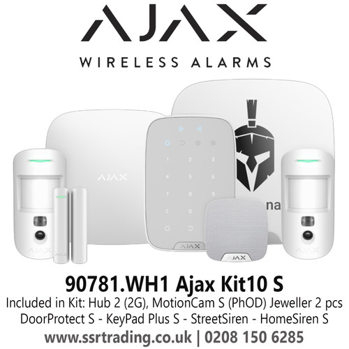 Ajax Kit10 S White - Devices Included in Kit: Hub 2 (2G), MotionCam S (PhOD) Jeweller 2 pcs, DoorProtect S, KeyPad Plus S, StreetSiren DoubleDeck, HomeSiren S