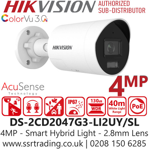 Hikvision DS-2CD2047G3-LI2UY/SL(2.8mm) 4MP Smart Hybrid Light with ColorVu IP Camera - High-quality imaging - ColorVu technology - Acusense technology - Built-in arrayed dual-microphone - Scene-adaptive WDR - Water and dust resistance (IP67) 