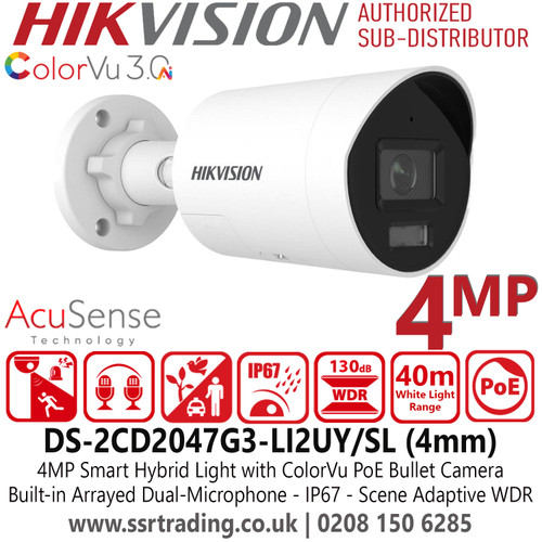 Hikvision 4MP Smart Hybrid Light with ColorVu IP Camera - High-quality imaging - ColorVu technology - Acusense technology - Built-in arrayed dual-microphone - Scene-adaptive WDR - Water and dust resistance (IP67) - DS-2CD2047G3-LI2UY/SL(4mm)