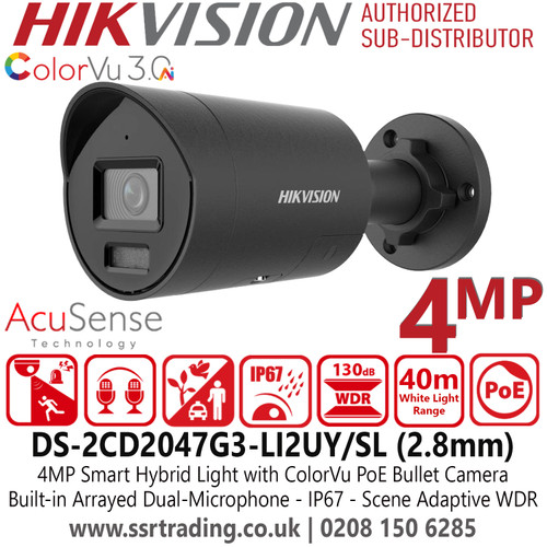 Hikvision DS-2CD2047G3-LI2UY/SL/Black (2.8mm) Pro Series 4MP Smart Hybrid Light with ColorVu Mini Bullet IP Camera, 2.8mm Fixed Lens, Water and Dust Resistance (IP67), Black