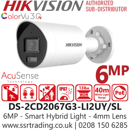 Hikvision DS-2CD2067G3-LI2UY/SL (4mm) 6MP Smart Hybrid Light with ColorVu Mini Bullet IP PoE Camera, Acusense Technology, Built-in Dual-Microphone, Scene-Adaptive WDR, IP67 Water and Dust Resistance, Active Strobe Light, and Audio Alarm