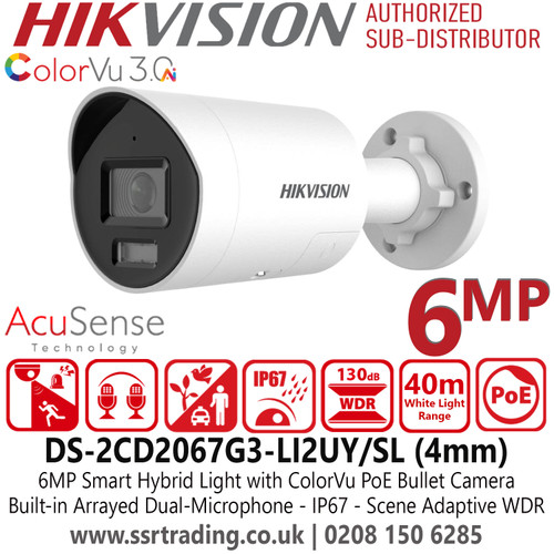 Hikvision 6MP Smart Hybrid Light with ColorVu Mini Bullet IP PoE Camera, Acusense Technology, Built-in Dual-Microphone, Scene-Adaptive WDR, IP67 Water and Dust Resistance, Active Strobe Light, and Audio Alarm - DS-2CD2067G3-LI2UY/SL (4mm)