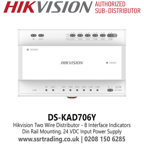Hikvision 2-Wire IP Distributor - 8 Interface Indicators, 1 RJ-45 Interface, 1 Reset Button - Din Rail Mounting, 24 VDC Input Power Supply - DS-KAD706Y