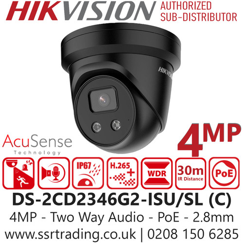 Hikvision DS-2CD2346G2-ISU/SL(C)/Black 4MP AcuSense Strobe Light and Audible Warning 2.8mm Fixed Lens Turret IP PoE Camera - Water and Dust Resistant (IP67) 