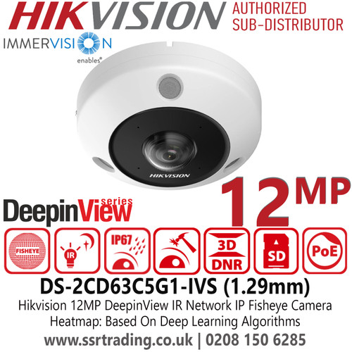 Hikvision 12MP DeepinView IR Network IP PoE Fisheye Camera, High Resolution, Panoramic View, Built-in Mic and Speaker, Water and Dust Resistant,Heatmap - DS-2CD63C5G1-IVS (1.29mm) 