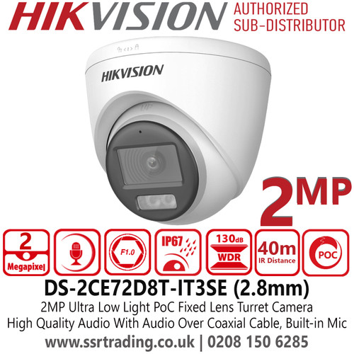 DS-2CE72D8T-IT3SE (2.8mm) Hikvision 2MP Audio Ultra Low Light PoC Turret Camera with 2.8mm Fixed Lens - Ultra Low Light - Wide Dynamic Range (WDR) - Night Vision - Built-in Microphone - IP67 Water and Dust Resistant 