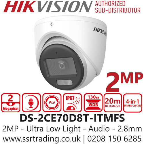 Hikvision 2MP Ultra Low Light Audio Fixed Lens 4-in-1 TVI Turret Camera with 2.8mm Lens - DS-2CE70D8T-ITMFS