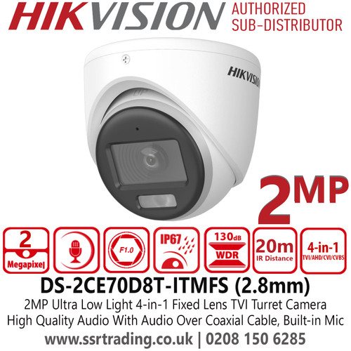 Hikvision 2MP Ultra Low Light Audio Fixed Lens 4-in-1 TVI Turret Camera with 2.8mm Lens - High-Quality Imaging - Wide Dynamic Range (WDR) - Built-in Microphone - DS-2CE70D8T-ITMFS