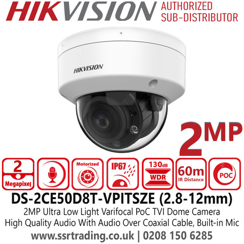 Hikvision 2MP Ultra Low Light PoC Dome Camera with 2.8-12mm Motorized Varifocal Lens - 60m IR Range - Built in Mic - IP67 Water and Dust Resistant - IK10 Vandal Resistant - DS-2CE50D8T-VPITSZE (2.8-12mm)