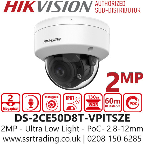 Hikvision DS-2CE50D8T-VPITSZE (2.8-12mm) 2MP Ultra Low Light PoC Dome Camera with 2.8-12mm Motorized Varifocal Lens - 60m IR Range - Built in Mic - IP67 Water and Dust Resistant - IK10 Vandal Resistant 