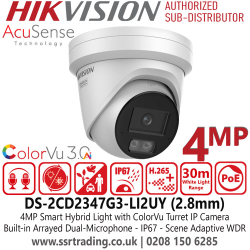Hikvision 4MP Smart Hybrid Light with ColorVu Turret IP Camera with 2.8mm Fixed Lens - Deep Learning-Based Classification - Scene-Adaptive WDR - Built-In Dual Microphones - Anti-Corrosion Design - IP67 Rating - DS-2CD2347G3-LI2UY (2.8mm)