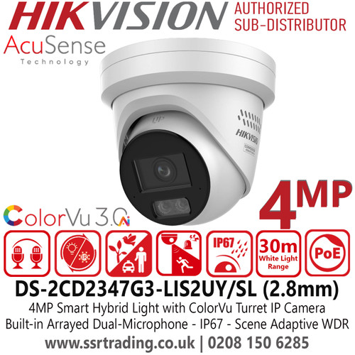 Hikvision 4MP Smart Hybrid Light with ColorVu Turret IP Camera with 2.8mm Lens - Deep Learning-Based Classification - Scene-Adaptive WDR - Built-In Dual Microphones - Two-Way Audio - Anti-Corrosion Design - IP67 Rating - DS-2CD2347G3-LIS2UY/SL